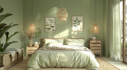 A serene green bedroom interior with soft sage green walls, a botanical print accent wall, and natural wood furniture