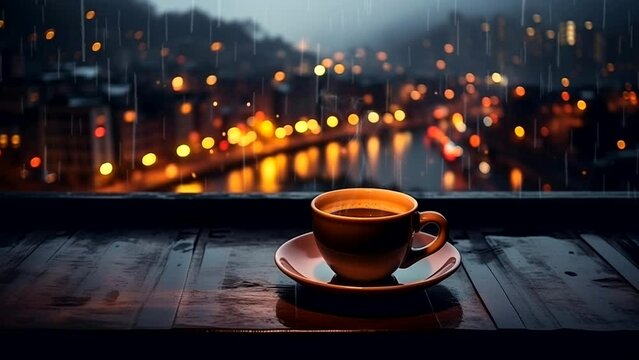 Hot coffee at the cafe window with view of rain outside, cozy and warm ambiance at night. Looping time-lapse video