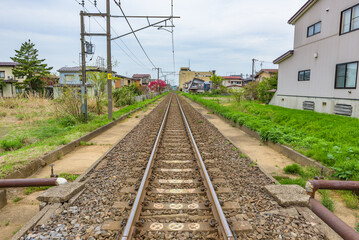 Long straight rail track, single-track railway, Echigo Tokimeki Railway, Japan