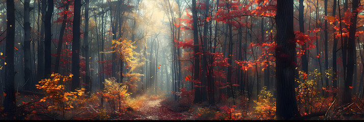 Serene Autumn Forest Path with Vibrant Foliage and Soft Light Filtering Through the Canopy