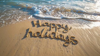 Fototapeta premium Happy Holidays hand written in sand on a beautiful beach. Summer vacation concept