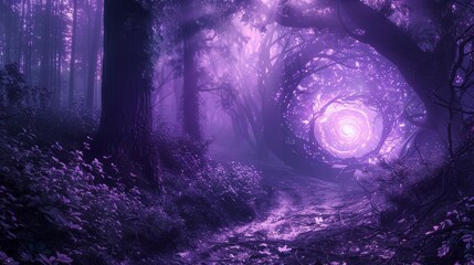 Obraz premium Mystical purple night forest, featuring an enchanted pathway that leads to a radiant swirling eye portal
