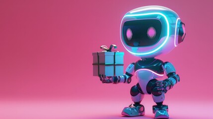 Cute futuristic robot holding a gift box with a pink background, showcasing advanced technology and festive spirit.