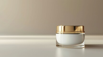 Elegant glass jar with gold lid containing white cosmetic cream placed on a smooth surface against a neutral background. Minimalist design.