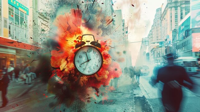 Exploding alarm clock with fire, overlaid on a person rushing through a crowded street, depicting rush hour pressure