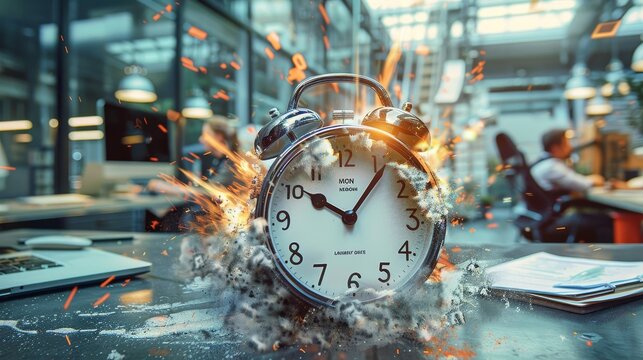 Exploding alarm clock in a busy workplace, with stressed employees in the background, highlighting urgent deadlines