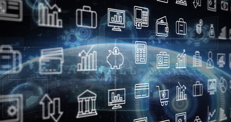 Image of multiple digital icons and cyber security data processing against a globe