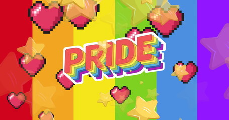 Image of pride text over hearts, stars and rainbow background