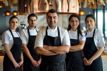 Azerbaijan professional service staff, salesperson and cook in modern restaurant.	
