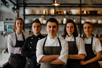 Bulgaria professional service staff, salesperson and cook in modern restaurant.	
