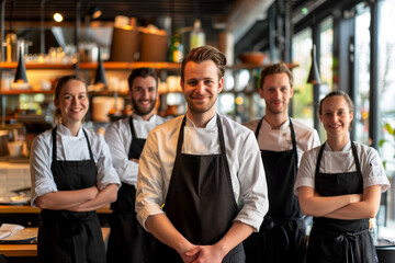 Obraz premium Belgium professional service staff, salesperson and cook in modern restaurant. 