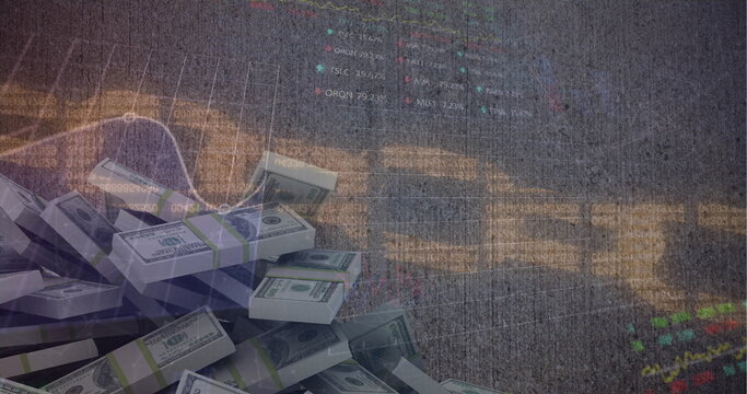 Image of security chain and stock market data processing over dollar bills on grey background