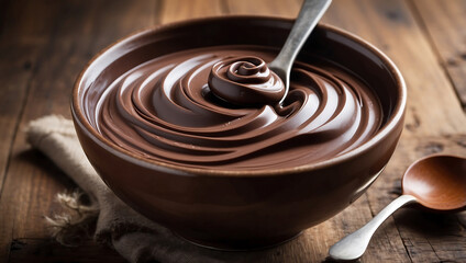 World chocolate day, A ceramic bowl filled with smooth creamy chocolate sits on a rustic wooden surface. A spoon partially dipped in the chocolate with the rich and glossy chocolate swirled around it