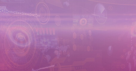 Image of maps, circles, radars, graphs over computer language against abstract background