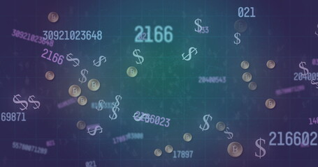 Image of changing numbers over dollar symbols and bitcoins against abstract background