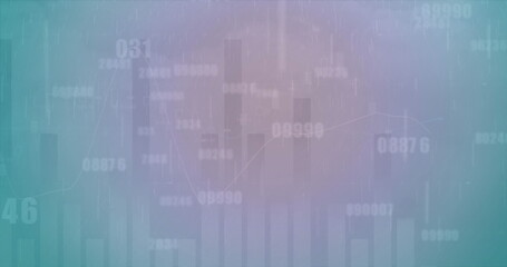 Image of multiple graphs with changing numbers over thunder and rain in cloudy sky