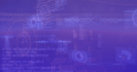 Obraz premium Image of circles, radars, soundwaves, globes over computer language on abstract background