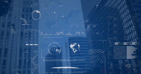 Image of interface with data processing against low angle view of tall buildings