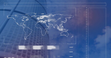 Image of interface with data processing and world map against low angle view of tall building