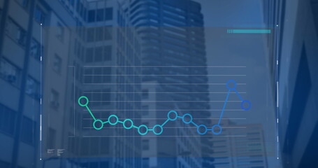 Image of statistical data processing against low angle view of tall buildings