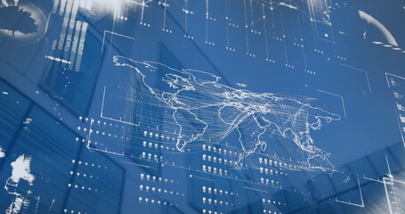 Image of interface with data processing and world map against low angle view of tall building