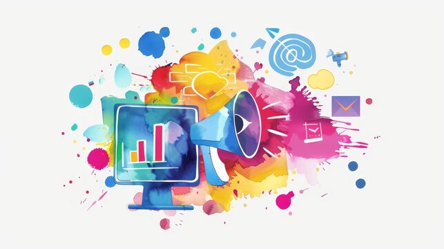 Colorful digital marketing concept art - An artistic representation of digital marketing elements, like graphs and megaphones, with vibrant watercolor splashes