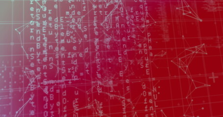 Image of network of connections and data processing against pink gradient background