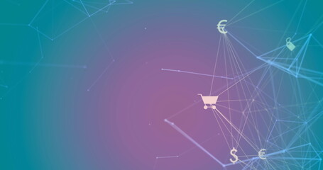 Image of network of connections, globe of digital icons against purple gradient background