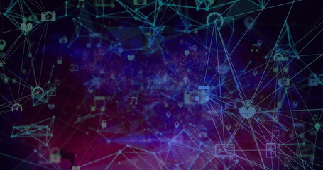 Image of network of connections, globes of digital icons against purple gradient background