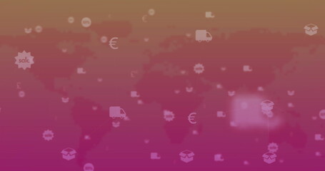 Image of multiple digital icons floating over world map against pink gradient background