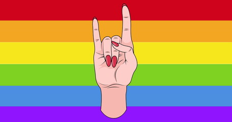 Image of caucasian hand with red nails making rock horns sign over rainbow stripe background