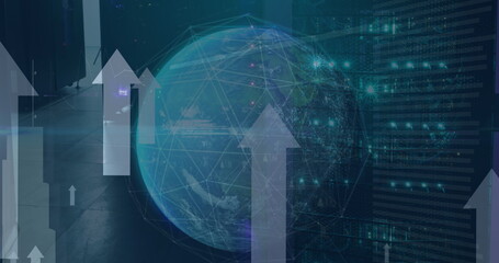 Image of spinning globe, data processing and arrow icons moving upwards against server room