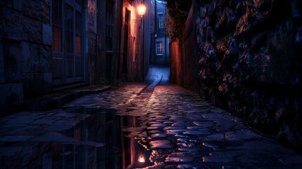 A narrow alleyway at night, lit by a single flickering streetlamp, with reflective puddles on the cobblestone ground 32k, full ultra hd, high resolution