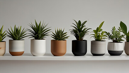 Capture images of small indoor plants in stylish pots, arranged on a white background