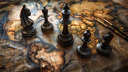 Chess pieces on antique world map backdrop - Elegantly arranged chess pieces on an antique-style world map, evoking the theme of global strategy and travel
