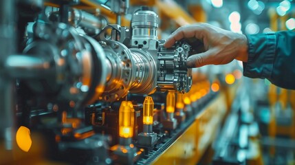 Fototapeta premium Close-up of worker adjusting machinery settings, double exposure with a network of assembly lines