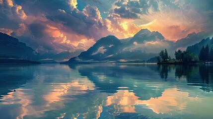landscape with a lake and mountains. forest with a lake wallpaper. landscape lake forest with fog wallpaper. landscape forest with lake and fog. landscape of mountain lake and forest.