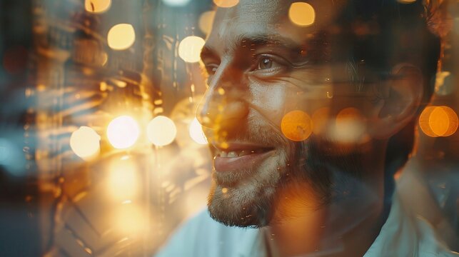 Close-up of a smiling professional, double exposure with stable workplace environment and supportive colleagues