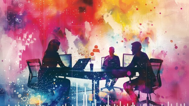 Abstract watercolor silhouette of a meeting - Silhouetted figures conducting a business meeting, overlaid with a dynamic and colorful watercolor pattern