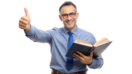 Thumbs Up Teacher – Educational Portrait: A teacher holding a book and giving a thumbs up, isolated on a white background.

