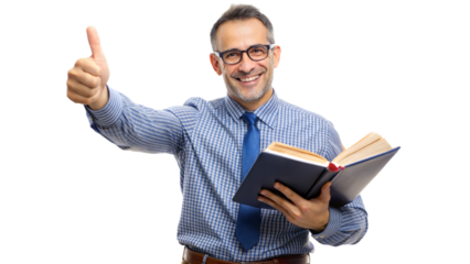 Thumbs Up Teacher – Educational Portrait: A teacher holding a book and giving a thumbs up, isolated on a white background.
