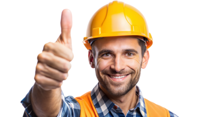Thumbs Up Construction Worker – Close Portrait: A construction worker in a hard hat giving a thumbs up, isolated on a white background.
