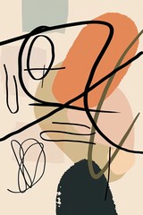 Minimalist Digital Print: Abstract Shapes with Black Squiggle Line, Light Pastel Colors, Neutral Palette, Modern Design