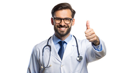 Fototapeta premium Thumbs Up Doctor – Professional Portrait: A doctor in a lab coat giving a thumbs up, isolated on a white background. 