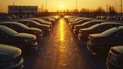 Cars parked in a sunset parking lot with beautiful sky background and silhouette of vehicles - Powered by Adobe