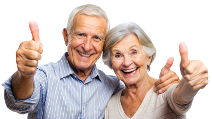 Thumbs Up Senior Couple – Close Portrait: A senior couple giving thumbs up, isolated on a white background.
