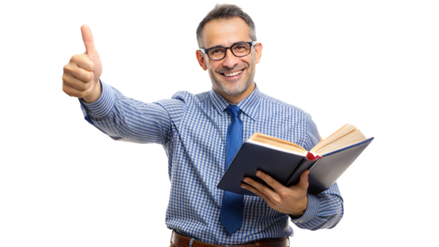 Thumbs Up Teacher – Educational Portrait: A teacher holding a book and giving a thumbs up, isolated on a white background.
