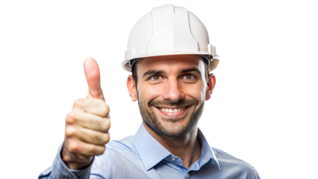 Thumbs Up Engineer – Close Portrait: An engineer with a thumbs up, isolated on a white background.