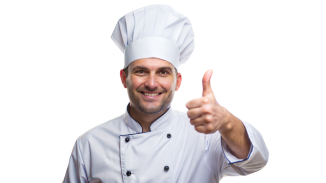 Thumbs Up Chef – Culinary Portrait: A chef in uniform showing a thumbs up, isolated on a white background.
