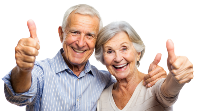 Thumbs Up Senior Couple – Close Portrait: A senior couple giving thumbs up, isolated on a white background.

